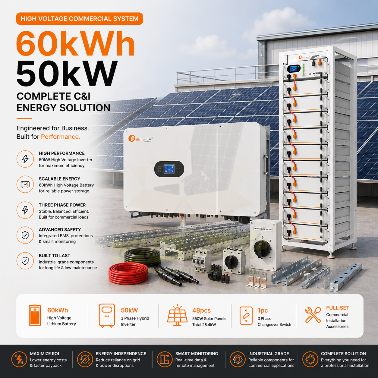 Felicity 60kWh 50kW High Voltage Commercial Solar Power System with 3 Phase Hybrid Inverter, 48 x 550W Solar Panels, 3 Phase Changeover Switch & Full Commercial Installation Accessories
