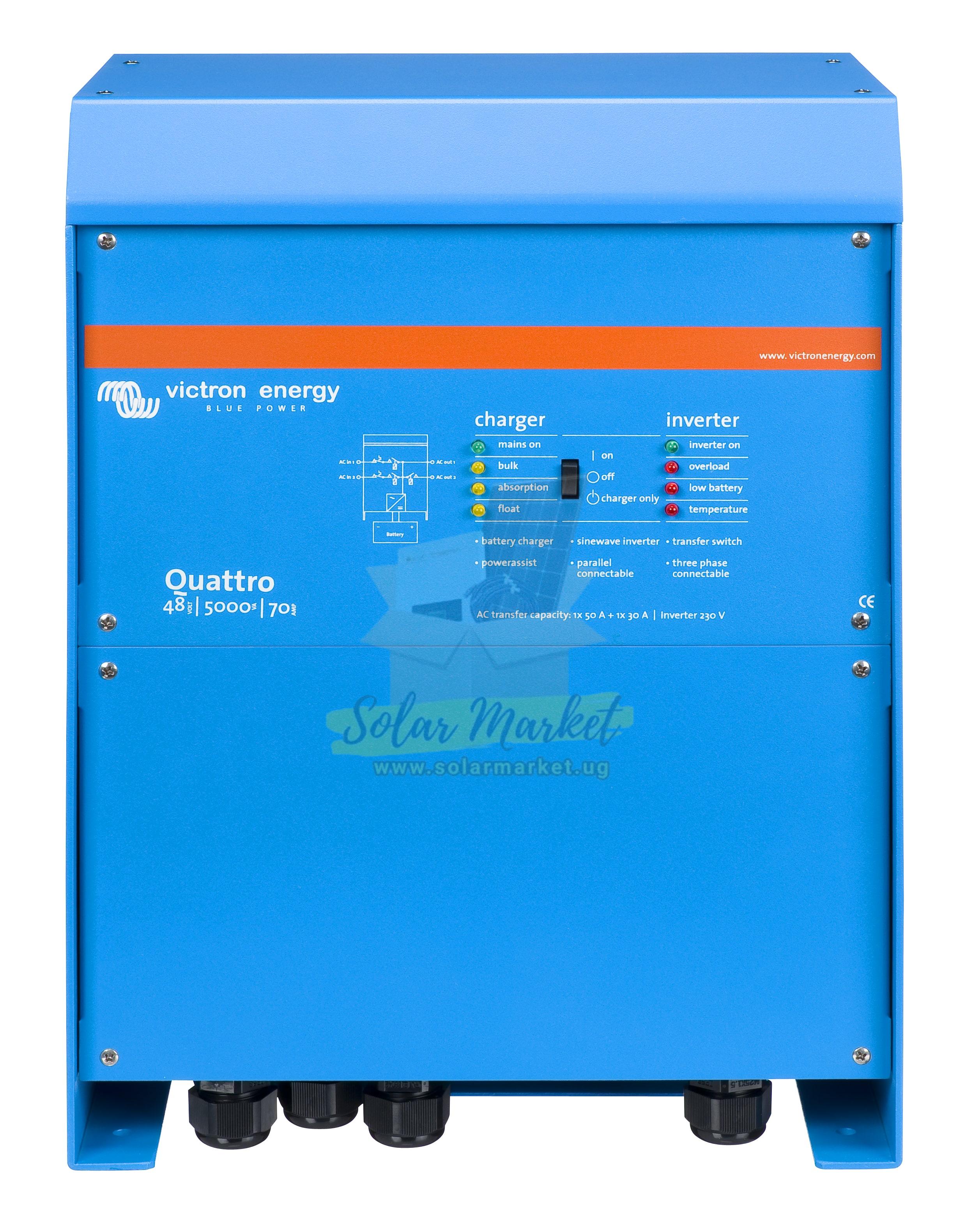 victron Inverter Chargers 5000VA power capacity with 48V inputDual AC inputs for connection to shore power and generatorsTwo AC outputs for prioritized power distributionUnique PowerAssist fu